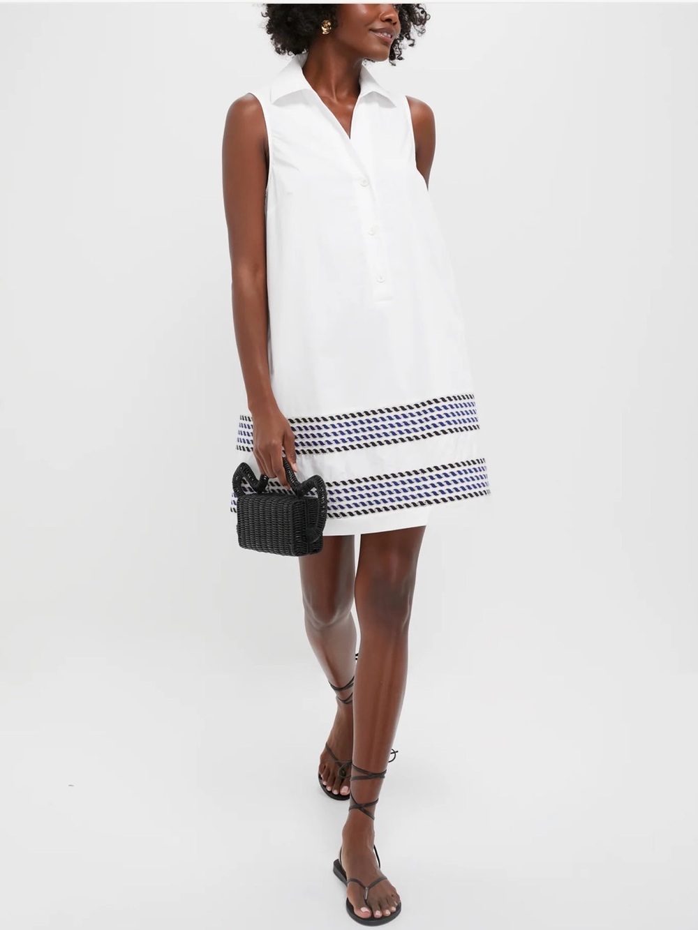 White Sleeveless Collared Shift Dress with Navy Embroidered Stripes - Tuckernucj - Picture 2 of 7